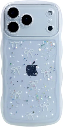 Miniatura 20 de Qokey Funda para iPhone 12 Pro Max de 6.7 pulgadas, diseño de onda rizada, borde transparente, brillante con purpurina, estrella brillante, bonita