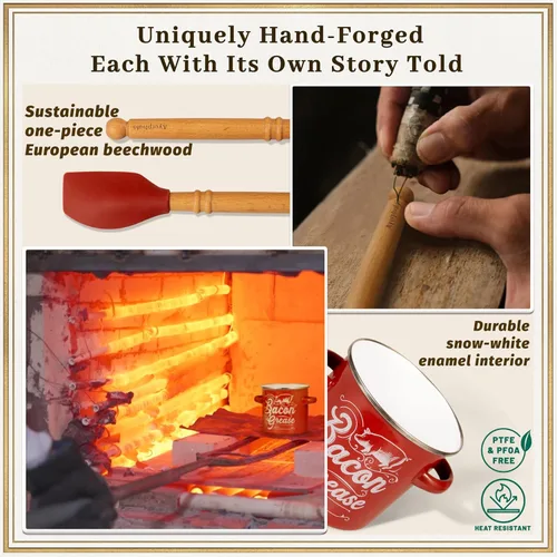 Miniatura 4 de Ayerphalo Recipiente para grasa de tocino con colador, gran capacidad de 46 onzas, con espátula de madera y silicona, recipiente esmaltado para Rojo