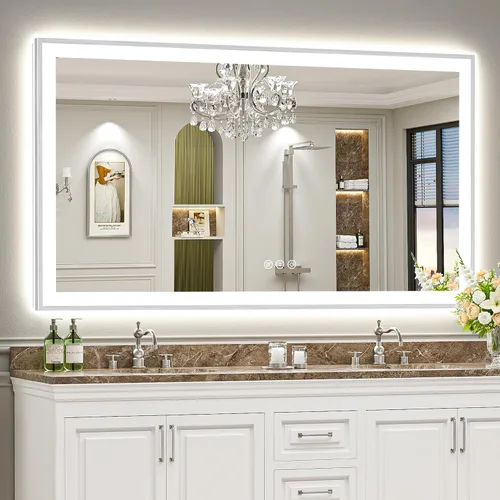 Miniatura 48 de 24x30 Espejo de baño LED con marco negro con luces, retroiluminado + iluminación frontal, espejo de tocador iluminado antivaho para pared de baño