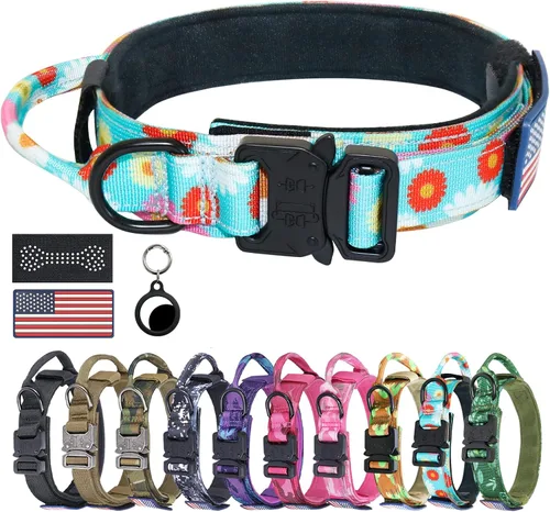 Miniatura 7 de Collar táctico para perro, collar con camuflaje digital para perros grandes, collar militar K9 ajustable y resistente con asa, con la bandera
