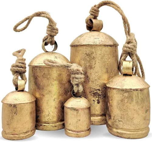 Campanas colgantes estilo Shabby Chic, vintage, country, rústico, campanas grandes de metal hechas a mano, armonía navideña, campanas de vaca, juego