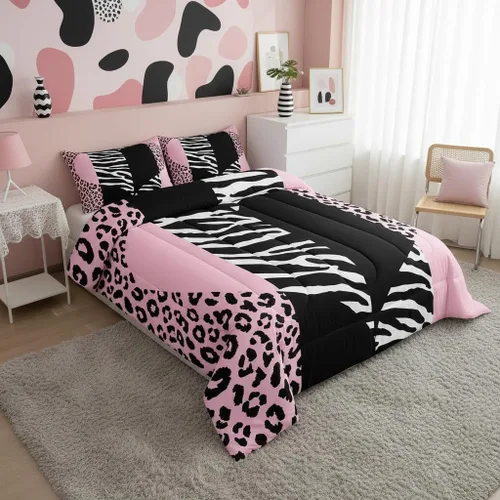 Miniatura 3 de Castle Fairy Juego de edredón con estampado de leopardo rosa y negro, juego de colcha de retazos de piel de cebra, tamaño King, para niños, niñas