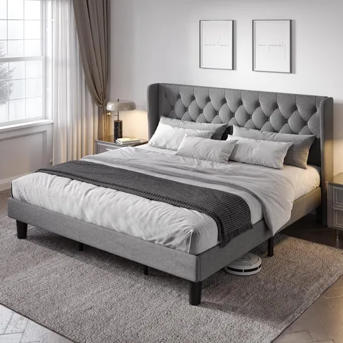 Miniatura 15 de Allewie Base de cama de tamaño matrimonial con cabecera copetuda con botones en la parte trasera, marco de cama tapizado moderno con soporte