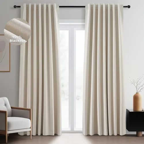 Miniatura 14 de Topfinel Cortinas opacas, blanco beige, 2 paneles, ventanas pequeñas, textura, mezcla de lino, bohemia, abedul, rural, gancho, bolsillo trasero