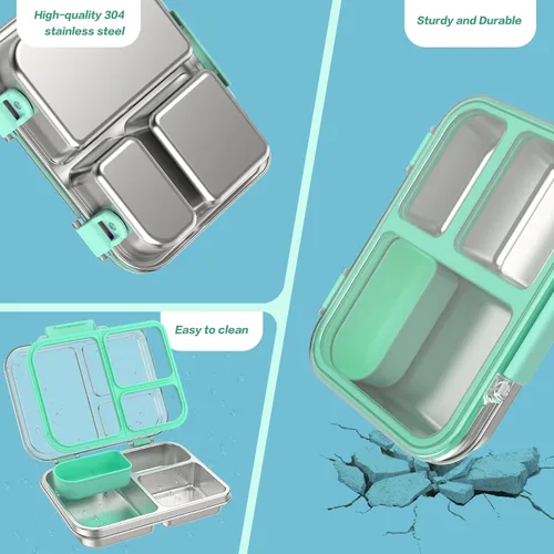 Miniatura 4 de Lonchera Bento de acero inoxidable para niños, lonchera metálica de 3 compartimentos con tapa transparente y silicona extraíble, lonchera para niños