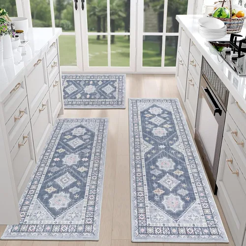 Miniatura 3 de HEBE - Juego de alfombras de cocina bohemias de 3 piezas con corredor, alfombras de cocina antideslizantes y tapetes lavables para piso de cocina