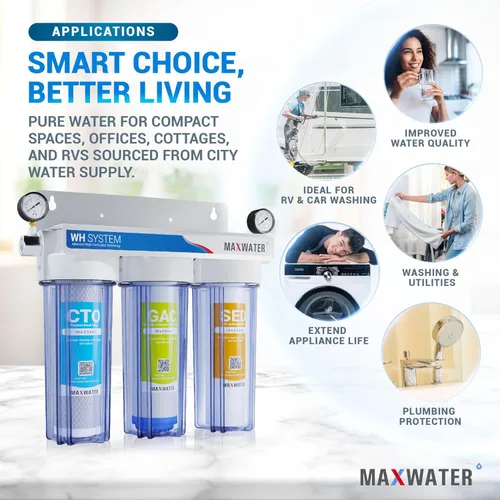 Miniatura 5 de Max Water Sistema de filtración de agua estándar de 3 etapas (bueno para agua de la ciudad) de 10 pulgadas para toda la casa – Sedimento + GAC + CTO