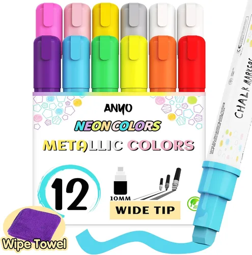 Miniatura 7 de Anyo Paquete de 12 marcadores de tiza para pizarra, pintura de ventana con punta de punta gruesa 2 en 1 de 0.236 pulgadas, marcadores de ventana