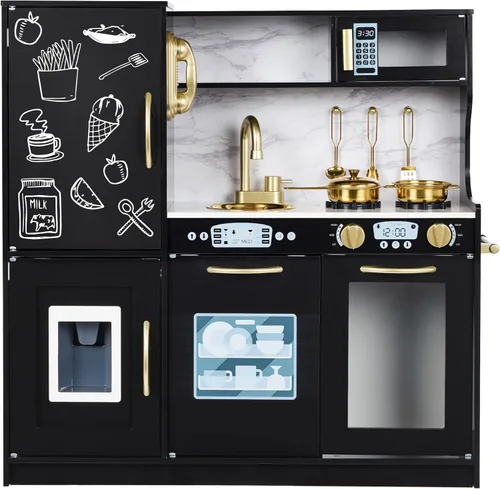 Best Choice Products Juego de juguetes de madera para niños con diseño realista, teléfono, utensilios, horno, microondas, fregadero - negro