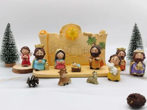 Decoración Navideña Juego de Natividad en Miniatura, 11 piezas Juego de Figuras Religiosas de Decoración Navideña Incluye Escena del Establo,