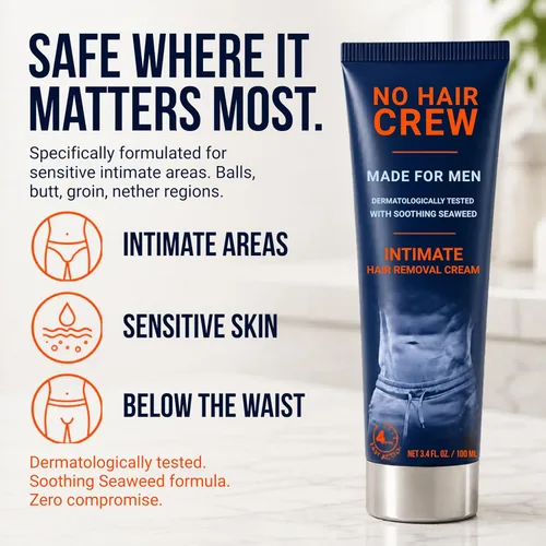 Miniatura 3 de No Hair Crew Crema depilatoria íntima/privada en casa para hombres, sin dolor, impecable, calmante para cabello corporal masculino grueso