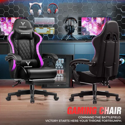 Miniatura 3 de EXRACING Silla de juegos con reposapiés ergonómica de cuero sintético con respaldo alto y luces LED RGB, reposabrazos de enlace y reposacabezas