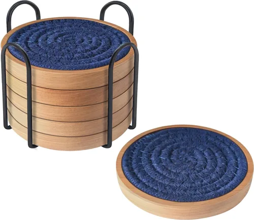 Miniatura 6 de Eykao Paquete de 5 posavasos absorbentes para bebidas, posavasos tejidos de 4.3 pulgadas para mesas de café, posavasos de madera para protección