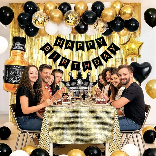 Miniatura 5 de Decoraciones de cumpleaños negras y doradas con pancarta de feliz cumpleaños, cortinas, botella, corona, globos de estrella de corazón y luz LED