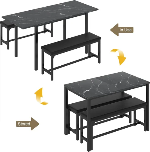 Miniatura 2 de VECELO Mesa de cocina extensible de 3 piezas de 63 pulgadas con bancos/sillas, moderno juego de desayuno/comedor para 4/6/2, diseño de ahorro