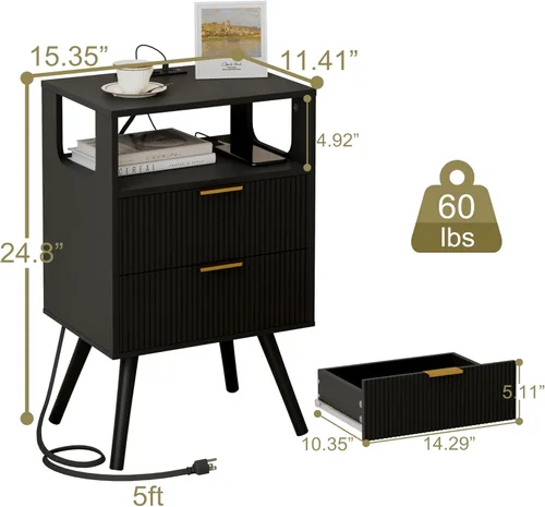 Miniatura 2 de JOONEE - Mesita de noche negra con estación de carga y luces LED, mesa de noche moderna con 2 cajones de almacenamiento y estante de madera abierto