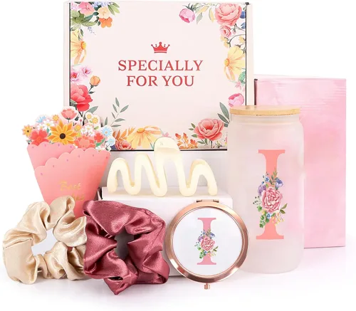 Miniatura 10 de Regalos de cumpleaños para mujeres – Caja de regalo personalizada con inicial con taza de vidrio con monograma, coleteros para el cabello y clip