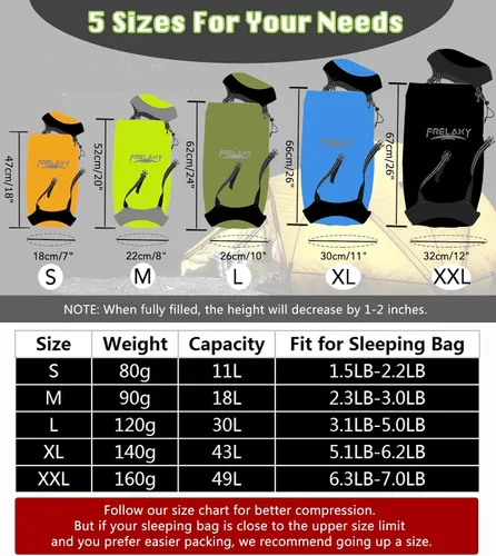 Miniatura 5 de Frelaxy - Bolsa de compresión con 40% más de almacenamiento, Saco de compresión de 11L/18L/30L/45L/52L, resistente al agua y ultra ligero para saco