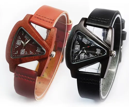 Miniatura 6 de Relojes de madera triangulares, color rojo, con correa de cuero, reloj de pulsera de cuarzo para mujer