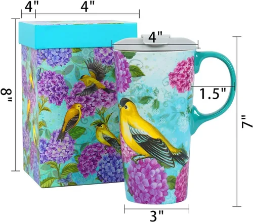 Miniatura 8 de Taza de viaje de cerámica de hortensia de jilguero de 17 onzas con tapa, taza de café floral de pájaro verde azulado con caja de regalo, taza de té