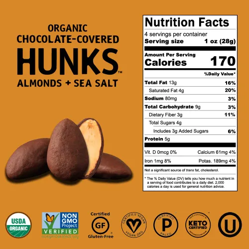 Miniatura 2 de Hu Hunks - Almendras veganas cubiertas de chocolate con sal marina, paquete de 6 unidades, sin OMG, sin gluten, paleo, chocolate negro orgánico