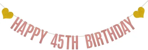 Cartel de feliz cumpleaños 45, pre-encordado, guirnaldas de papel con purpurina de oro rosa para mujeres de 45 años, decoraciones de fiesta de