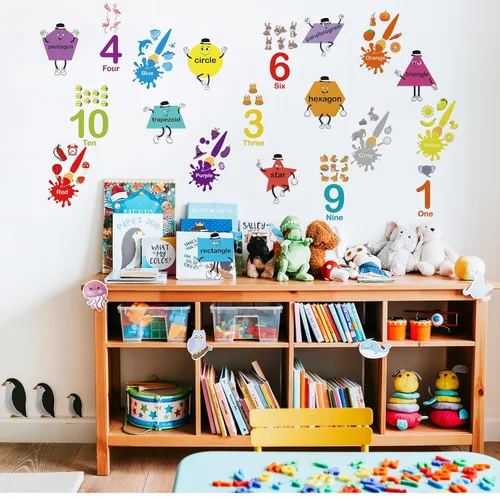 Miniatura 4 de Tatuo 30 calcomanías de pared con números, calcomanías de pared de geometría de aprendizaje educativo, calcomanías de pared con formas coloridas
