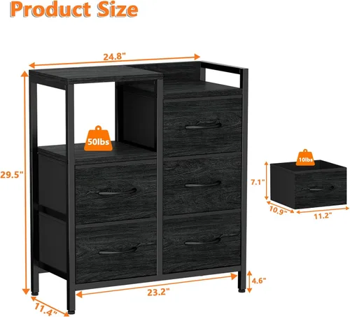 Miniatura 3 de Furnulem Cómodas Negras de 5 Cajones para Dormitorio Estante de 2 Niveles Almacenamiento Cómoda de Tela Pequeña para Closet Marco de Metal Roble