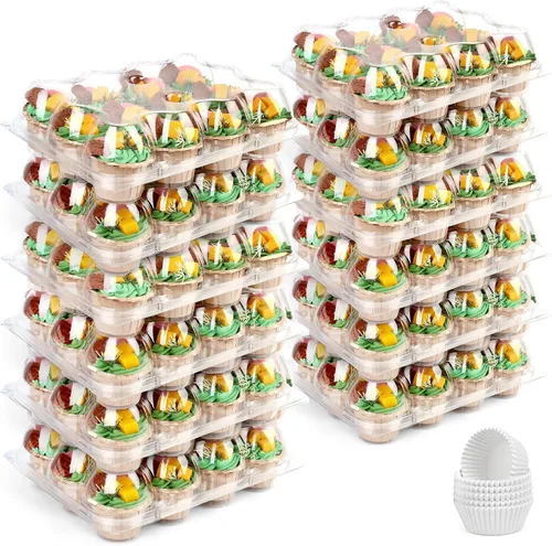 Miniatura 9 de LotFancy (12 unidades x 5 juegos) recipientes para cupcakes con 60 forros, cajas apilables de plástico, soporte desechable para magdalenas con tapa