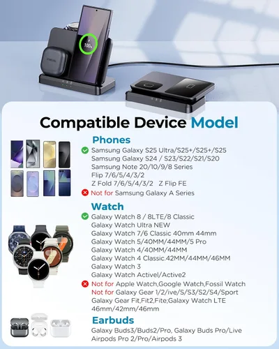 Miniatura 3 de EGV Cargador inalámbrico para Samsung - Estación de carga inalámbrica 3 en 1 para Galaxy S25 Ultra S24 S23, Z Fold Flip 7/6, cargador de reloj