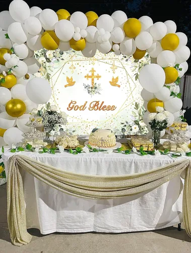 Miniatura 3 de Fondo verde y dorado para bautizo, decoración de fiesta de primera comunión, fondo de fotografía de bautizo, 7 x 5 pies (82 x 59 pulgadas)
