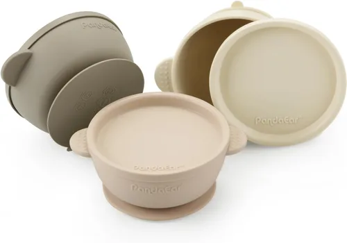 PandaEar Paquete de 3 Tazones para Bebé con Succión| Tazones de Comida de Silicona a Prueba de Fugas que se Mantienen en su Lugar con Tapas para