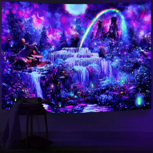 Miniatura 6 de Racunbula Tapiz de luz negra, bosque de fantasía, cascada reactiva a los rayos UV, arco iris, brumoso, selva, plantas, paisaje natural, colgante