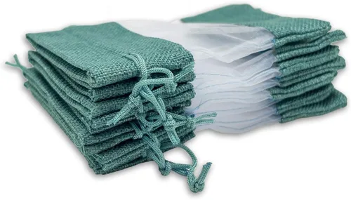 Miniatura 4 de Paquete de 48 bolsas de regalo grandes de lino, arpillera y organza con cordones (6.5 x 8.5 pulgadas, verde azulado) - Bolsas de malla