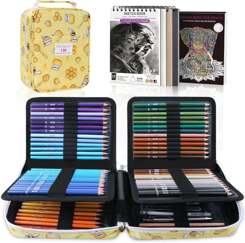 HIFORNY Juego de 130 lápices de colores para adultos, 120 lápices de colores con extras, núcleo suave para artistas, lápices de dibujo, suministros
