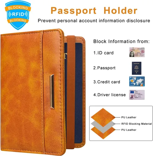 Miniatura 2 de Caweet Funda de pasaporte RFID bloqueo de viaje cartera de cuero pasaporte con banda elástica, Marrón, Classic