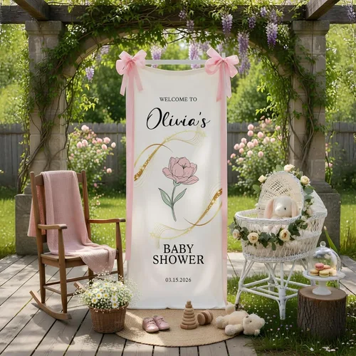 Personalized Baby Shower Welcome Sign for Girls Custom Name Date Vertical Banner Elegant Floral Gold Glitter Design Pink Ribbon Decoration Entrance