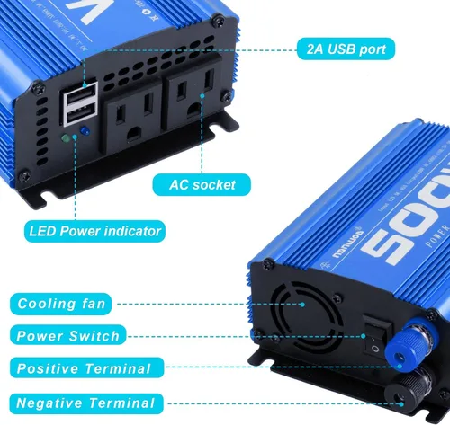 Miniatura 3 de Inversor de corriente para automóvil, tasa de inversor de 500 W/pico de 1000 W DC12V a CA 110 V RV inversor con 2 salidas de CA y 2 puertos USB