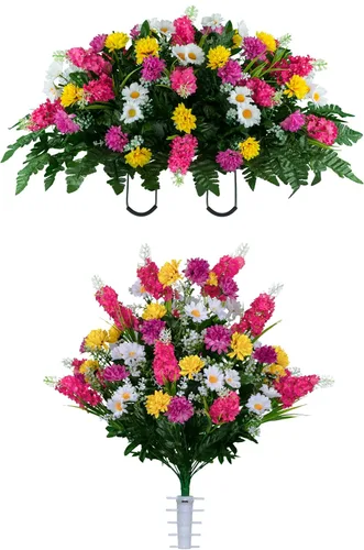 Miniatura 30 de Sympathy Silks Flores artificiales para cementerios – Decoraciones para tumbas - 1 ramo de flores silvestres de violeta púrpura y naranja, 1 montura