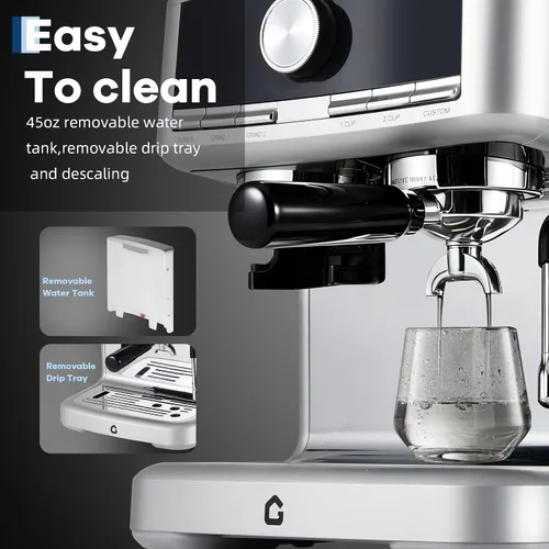 Miniatura 6 de Garvee Máquina de café expreso de acero inoxidable a presión de 20 bar con molinillo, tanque de agua extraíble de 1.5 L, varita de vapor espumador