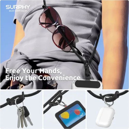 Miniatura 3 de SURPHY Cordón para teléfono, correa cruzada ajustable para teléfono con 2 pestañas de amarre para teléfono celular, hebillas de metal de alta Negro