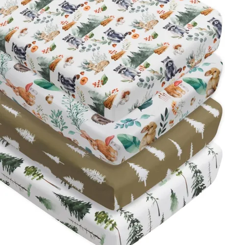 Miniatura 8 de Juego de 4 sábanas ajustadas para cuna con diseño de animales del bosque, neutras en madera, unisex, para bebés niños o niñas