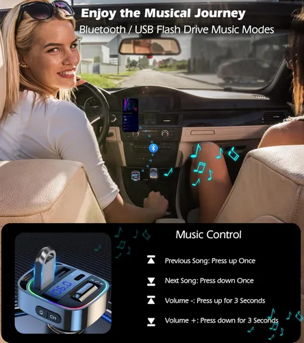 Miniatura 2 de LIHAN Adaptador de coche Bluetooth 5.4 para automóviles antiguos, transmisor FM de carga rápida PD de 54 W, llamadas manos libres, GPS transparente