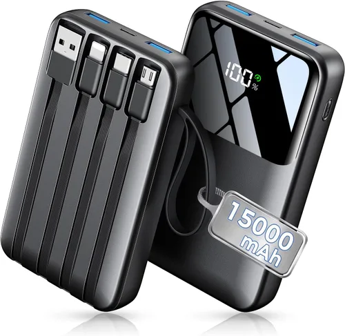 Banco de energía, cargador portátil de 15000 mAh con cable integrado, carga rápida de 22.5 W, 6 salidas, batería esencial de viaje delgada con