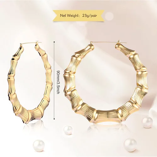 Miniatura 2 de Aretes de aro grandes de bambú para mujer, aretes de bambú de gran tamaño para uso diario, accesorios de rapero de los años 80 y 90