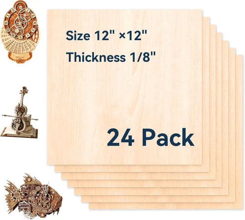 Paquete de 24 hojas de madera de tilo para manualidades, 12 x 12 x 1/8 pulgadas, hojas de madera contrachapada de 0.118 in de grosor con superficie