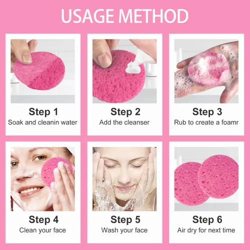 Miniatura 3 de 50 esponjas faciales, celulosa natural comprimida, rosa, forma redonda, limpieza facial, exfoliante, eliminación de maquillaje Paquete de 50 rosas