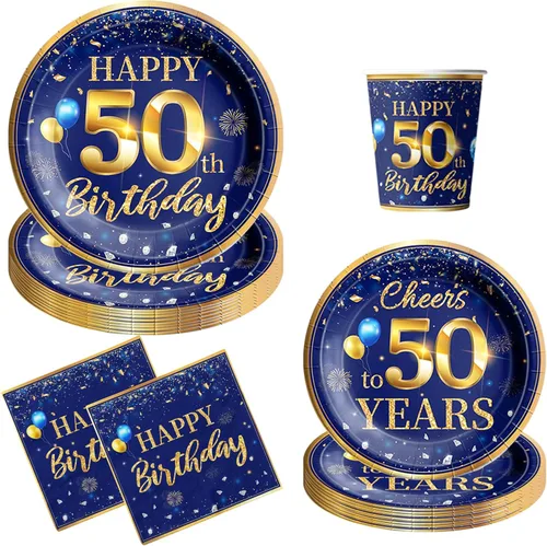 Decoración de cumpleaños número 50 para hombres - Juego de vajilla de cumpleaños de 142 piezas en azul marino y dorado (sirve para 20) Incluye