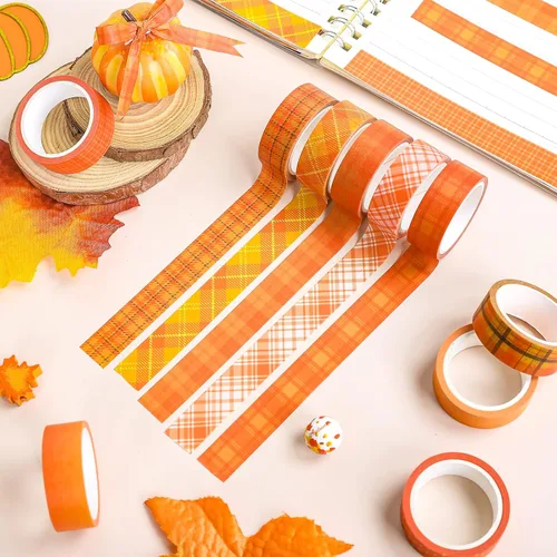 Miniatura 5 de Whaline 12 rollos de cintas Washi de otoño a cuadros naranja rojo búfalo cinta decorativa de otoño de color sólido de lunares con patrón de cinta