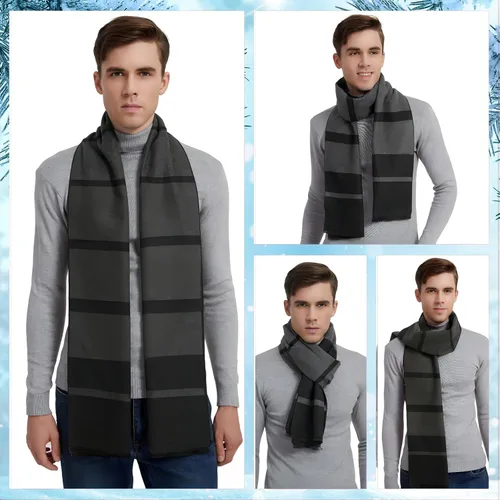 Miniatura 4 de EINSKEY Bufanda de invierno para hombre, paquete de 2 bufandas de mezcla de lana con borlas de contraste a rayas suaves y largas bufandas de moda